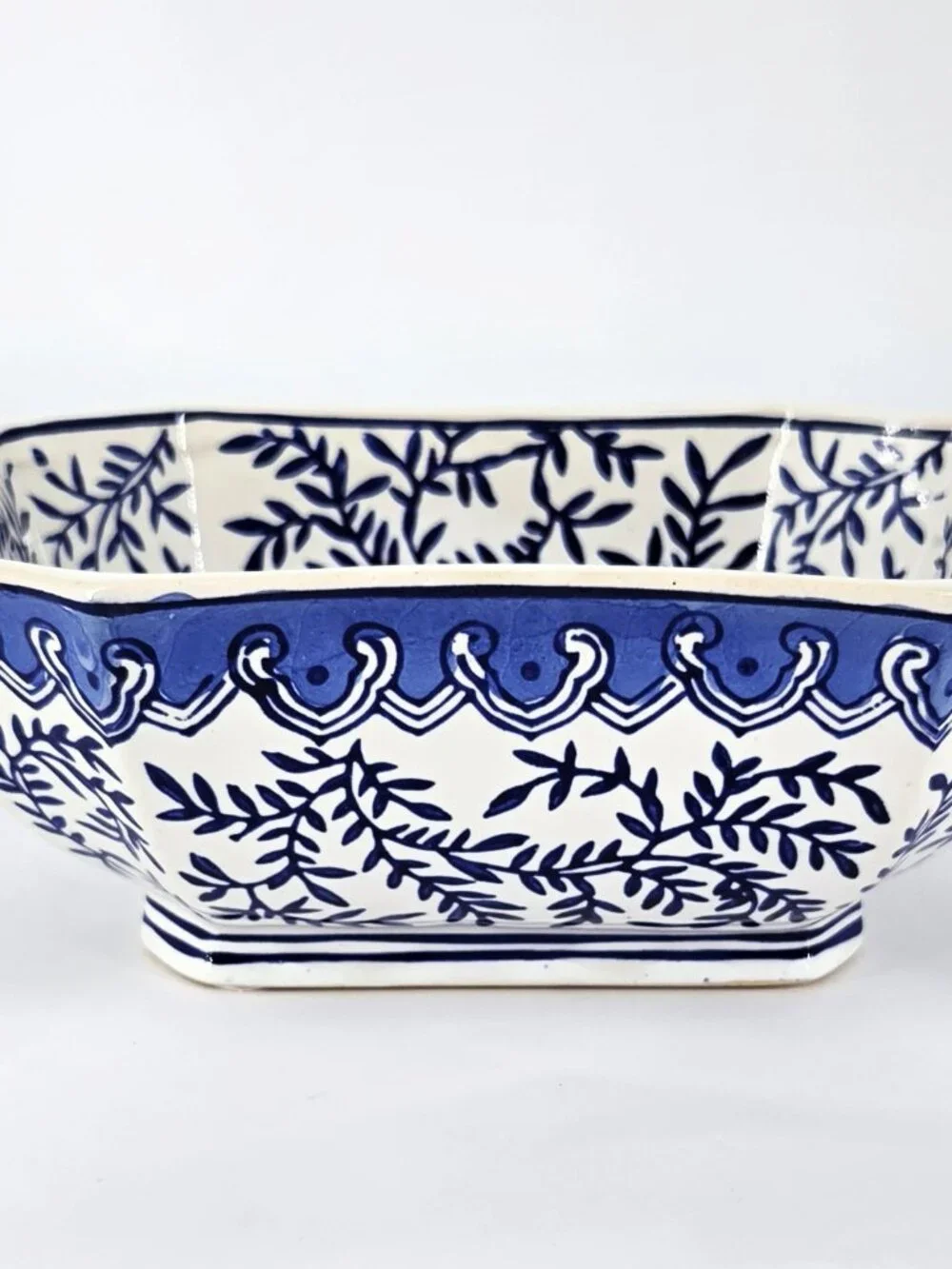 Blue & White Porcelain Chinoiserie-Inspired Foliage & Scroll Rectangular Bowl